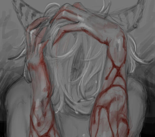 drawing of hyun with his forearms bleeding due to excessive aether burning through his system.